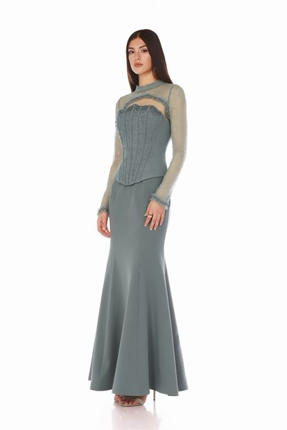 Mint Korse Detaylı Dantel Görünümlü Abiye Elbise